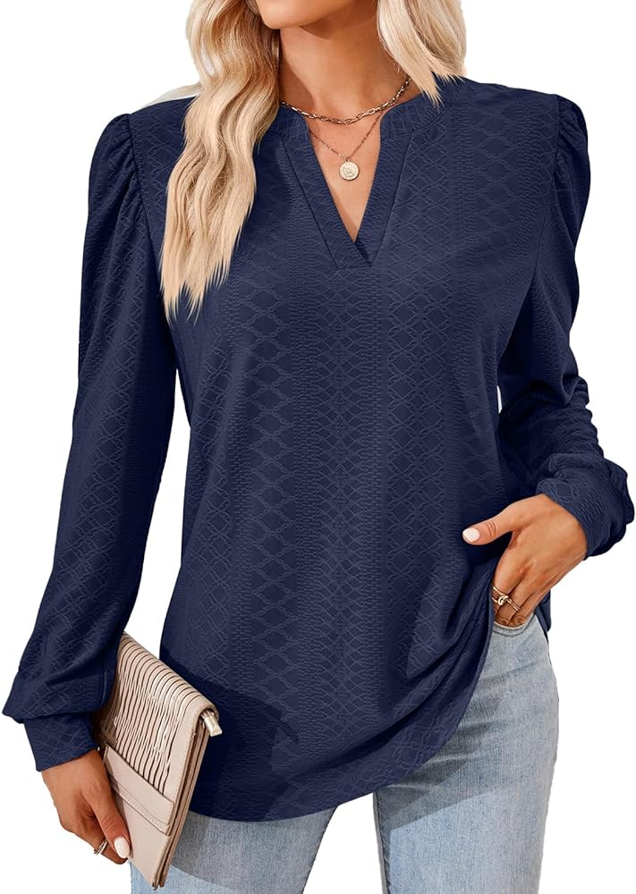 Women Tops Blouse Causal Shirts Puff Long Sleeve Tunic V Neck