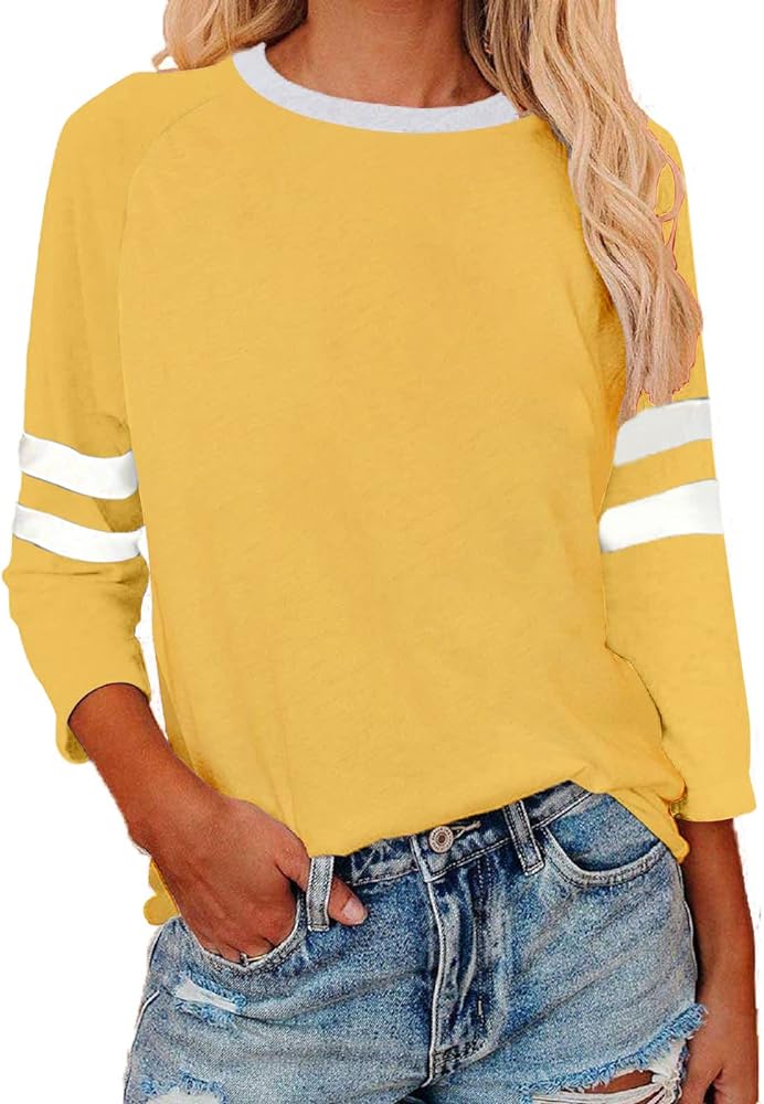 Womens 3/4 Sleeve Shirts Summer Crewneck T-Shirts Loose Basic Tops Cotton Blend Tops for Women