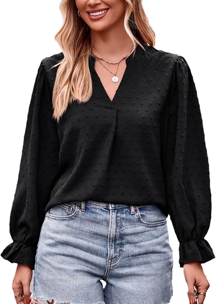 Women's Summer V Neck Long Sleeve Tops Ruffle Bubble Sleeve Blouses Dressy