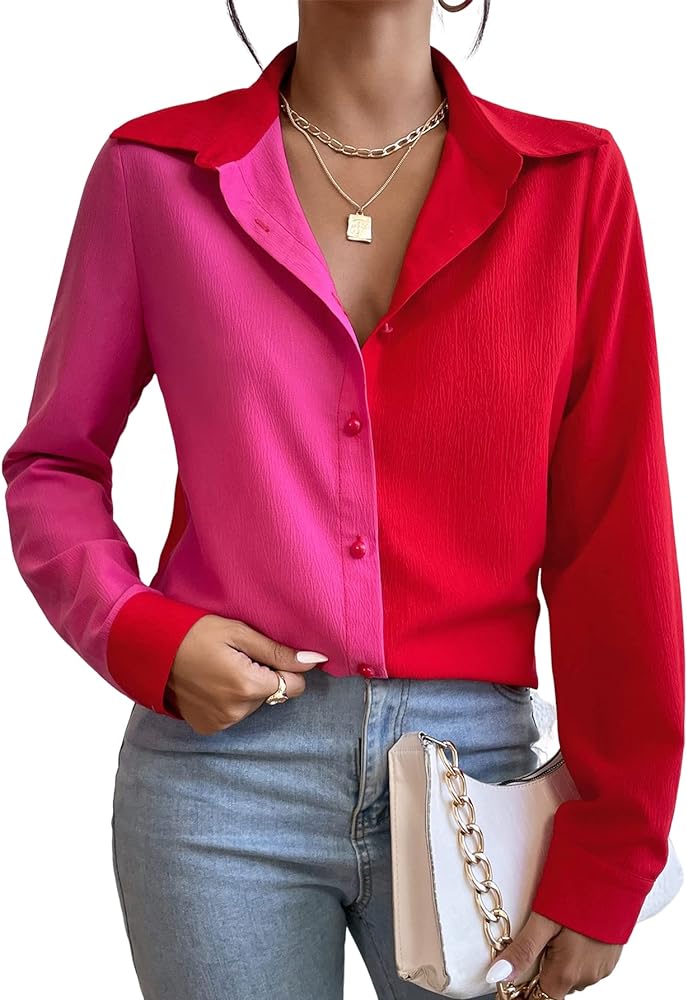 WDIRARA Women's Colorblock Button Up Shirt Collared Long Sleeve Blouse Top