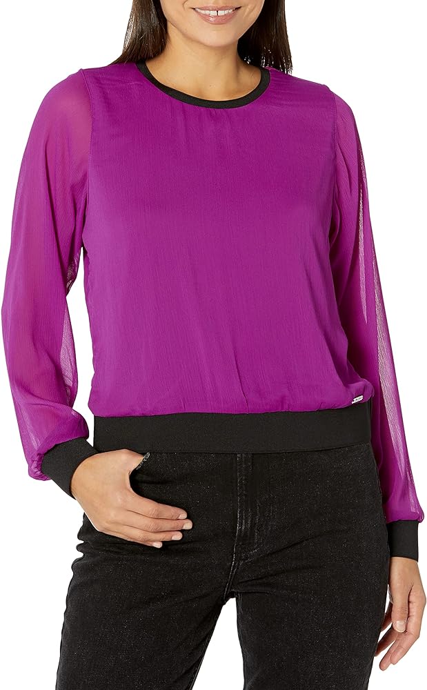 DKNY Women's Contrast Easy Sheer Sleeve Sportswear Top