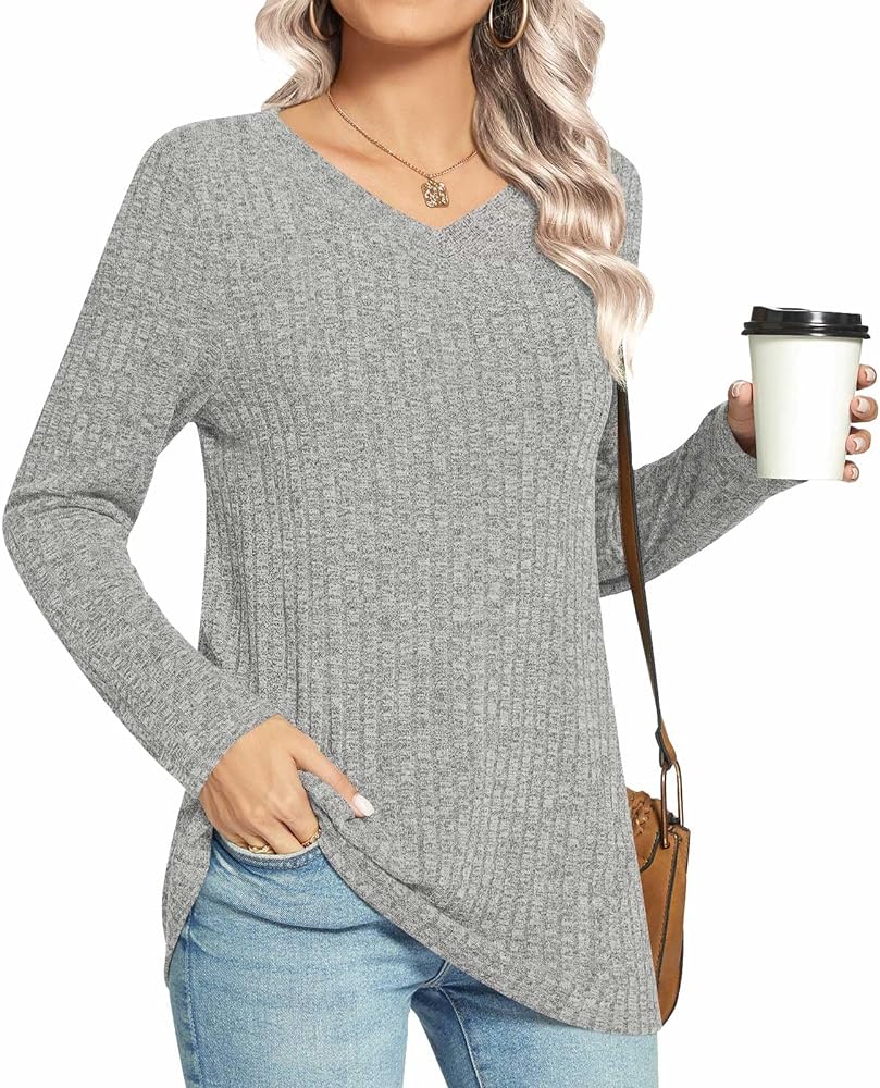 HOTGIFT Womens Fall Casual T-Shirts Long Sleeve V Neck Fitting Blouse Loose Lightweight Comfortable Tops