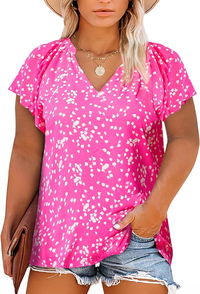 Eytino Women Plus Size Tops Boho Printed V Neck Short Sleeve Drawstring Casual Chiffon Shirts Blouse(1X-5X)