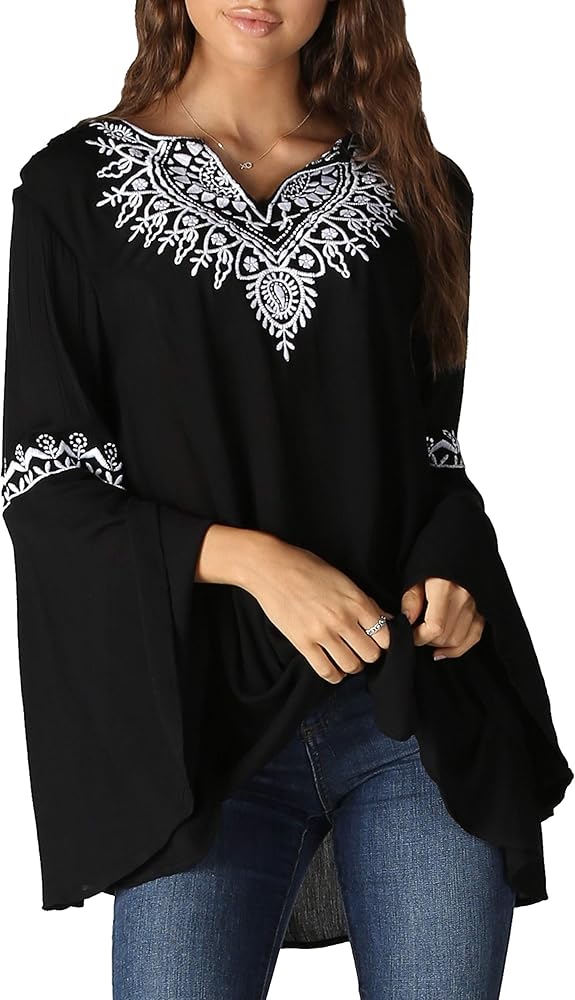 Angie Women's Long Embroidery Bell Sleeve Top