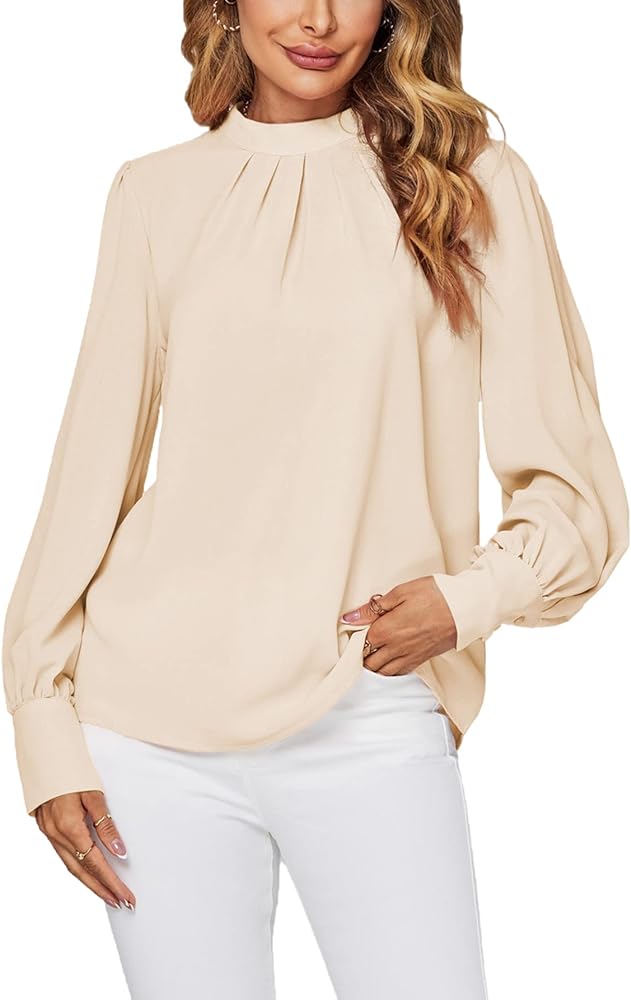 LYANER Women's Mock Neck Pleated Solid Long Sleeve Blouse Office Shirt Top