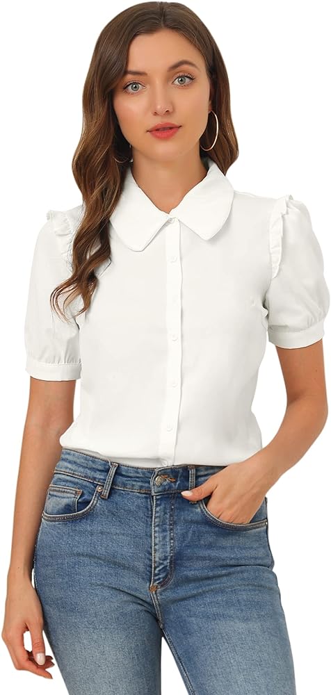 Allegra K Work Collared Top for Women's Peter Pan Collar Short Sleeve Button Front Shirt