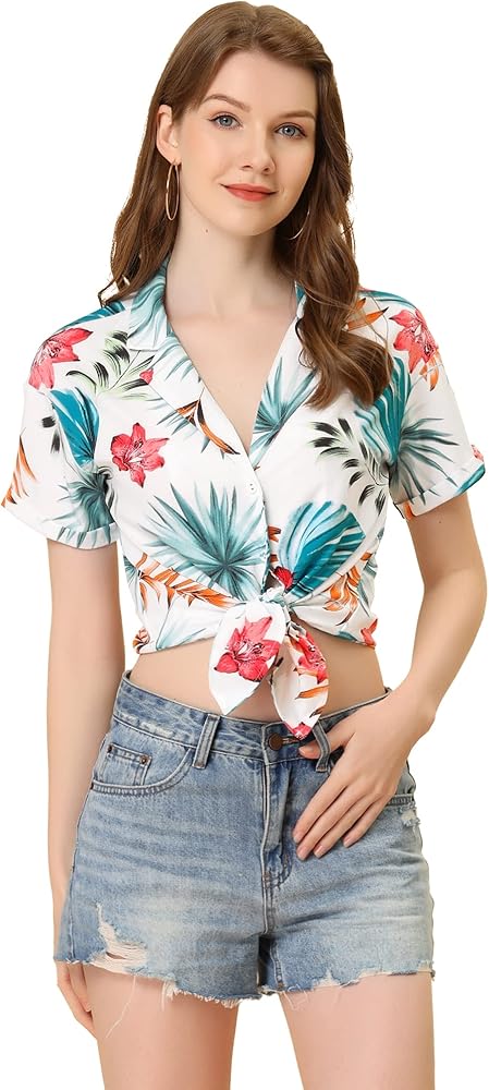 Allegra K Women's Hawaiian Shirt Floral Leaves Printed Short Sleeve Top Tropical Button Down Shirt Summer Fashion 2024