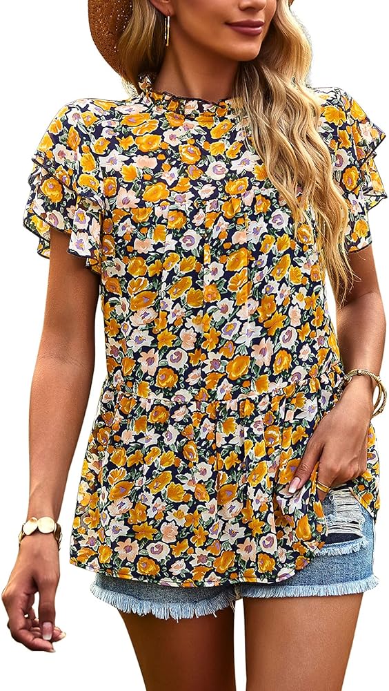 PRETTYGARDEN Women's Casual Summer Tops Ruffle Short Sleeve Mock Neck Fashion Floral Chiffon Blouse Shirts