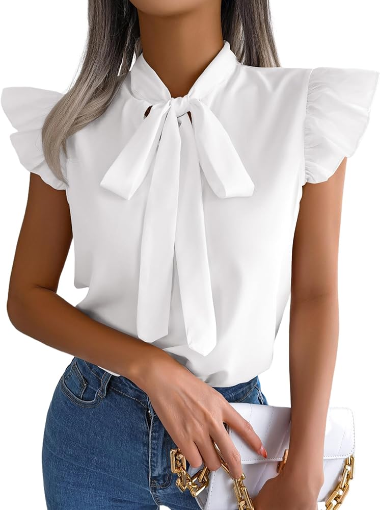 Rooscier Women's Bow Tie Neck Ruffle Cap Sleeve Elegant Office Blouse Shirt Tops