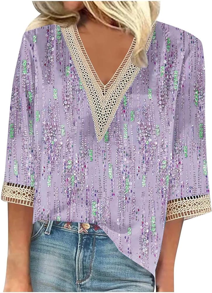 Ceboyel Women Boho Trendy Summer Tops 3/4 Length Sleeve Shirts Lace Trim V Neck Blouses Dressy Causal Bohemian Ladies Clothes