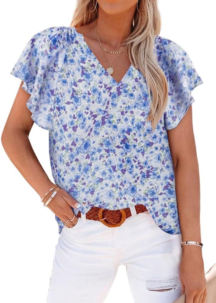 SHEWIN Women's Casual Boho Floral Print V Neck Short Sleeve Loose Blouses Shirts Tops