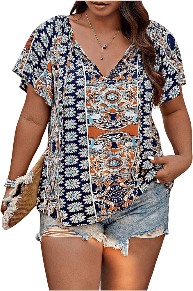 SOLY HUX Women's Plus Size Blouse Boho Print V Neck Tie Front Short Sleeve Summer Tops