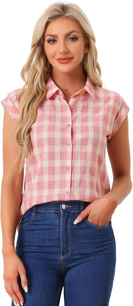 Allegra K Women's Summer Plaid Tops Casual Short Sleeves Western Button Down Shirt