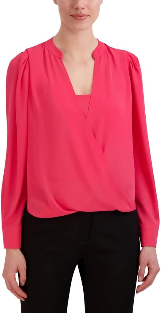 BCBGMAXAZRIA Women's Relaxed Faux Wrap Top Long Sleeve