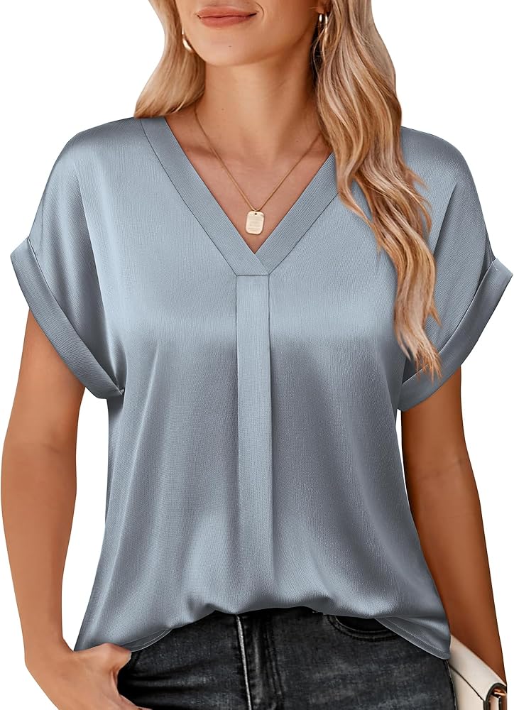 Youtalia Womens Silk Satin Short Sleeve Blouses Business Work Tops V Neck Loose Fit Shirts