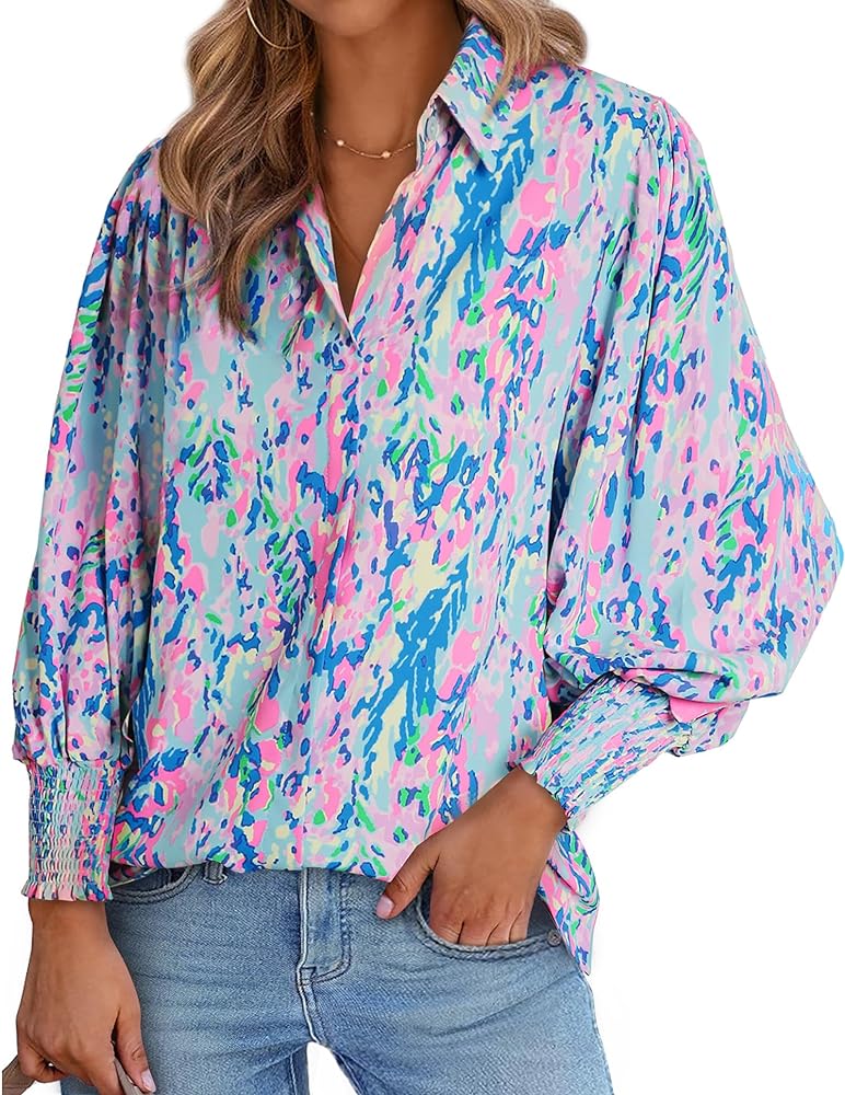 Okiwam Womens Casual V Neck Boho Blouse Long Puff Sleeve Floral Print Chiffon Shirts Colorful Summer Fall Tops 2024