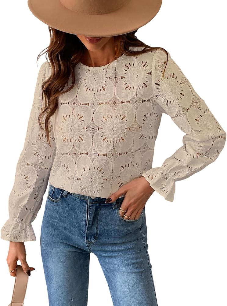 CUPSHE Women Casual Embroidered Floral Eyelet Long Sleeve Blouses Trumpet Sleeve Woven Slim Fit Blouse Tops