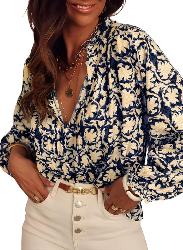 SHEWIN Women's Tops Casual V Neck Long Sleeve Shirts Floral Boho Blouses Tunics