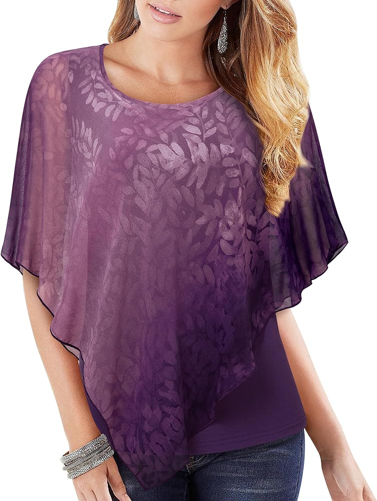 Lotusmile Women's Lightweight Flowy Shirt Double-Layered Printed Chiffon Poncho Blouse Top