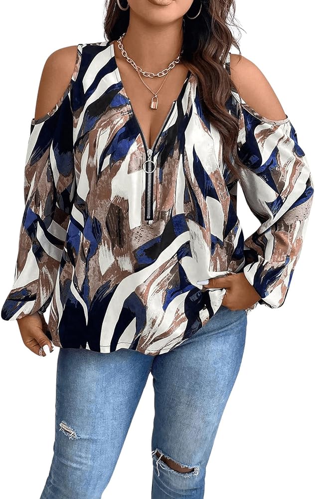 SOLY HUX Women's Plus Size Blouse Allover Print Cold Shoulder Bishop Long Sleeve Half Zip Tops