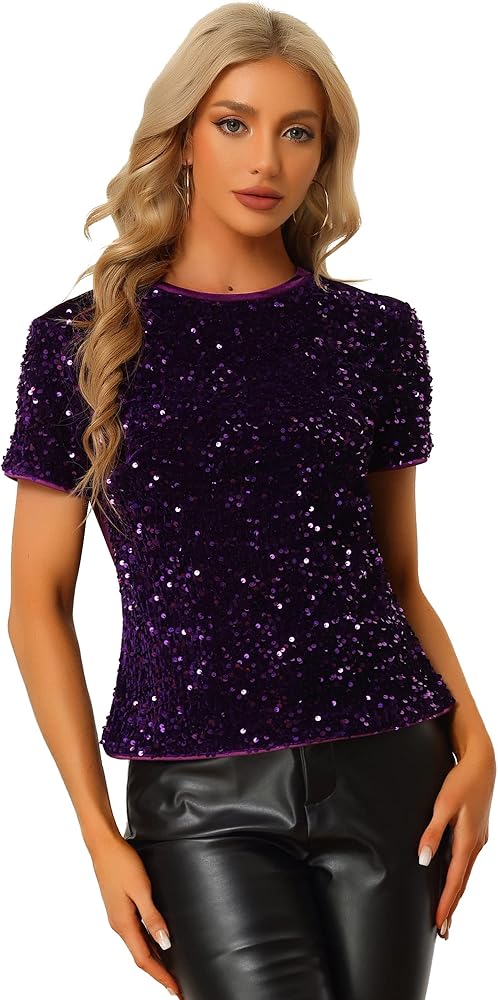 Allegra K Sequin Top for Women's Velvet Crew Neck Short Sleeve Party Clubwear Blouse