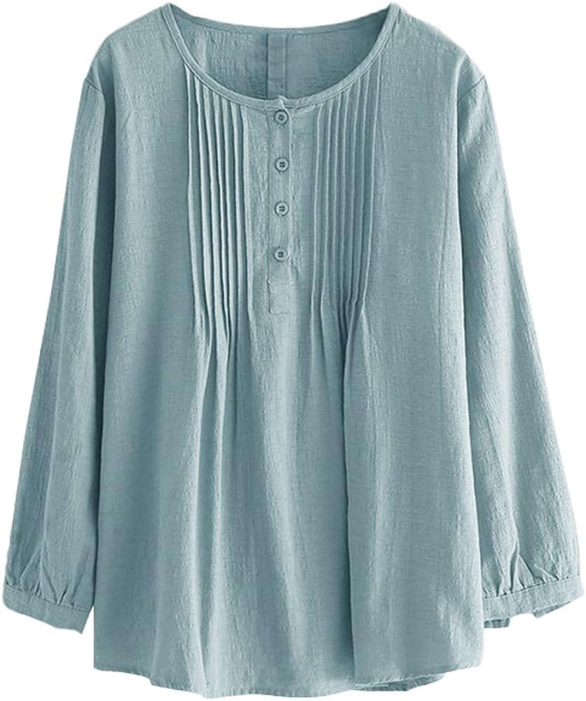 Minibee Women's Scoop Neck Pleated Blouse Solid Color Lovely Button Tunic Shirt