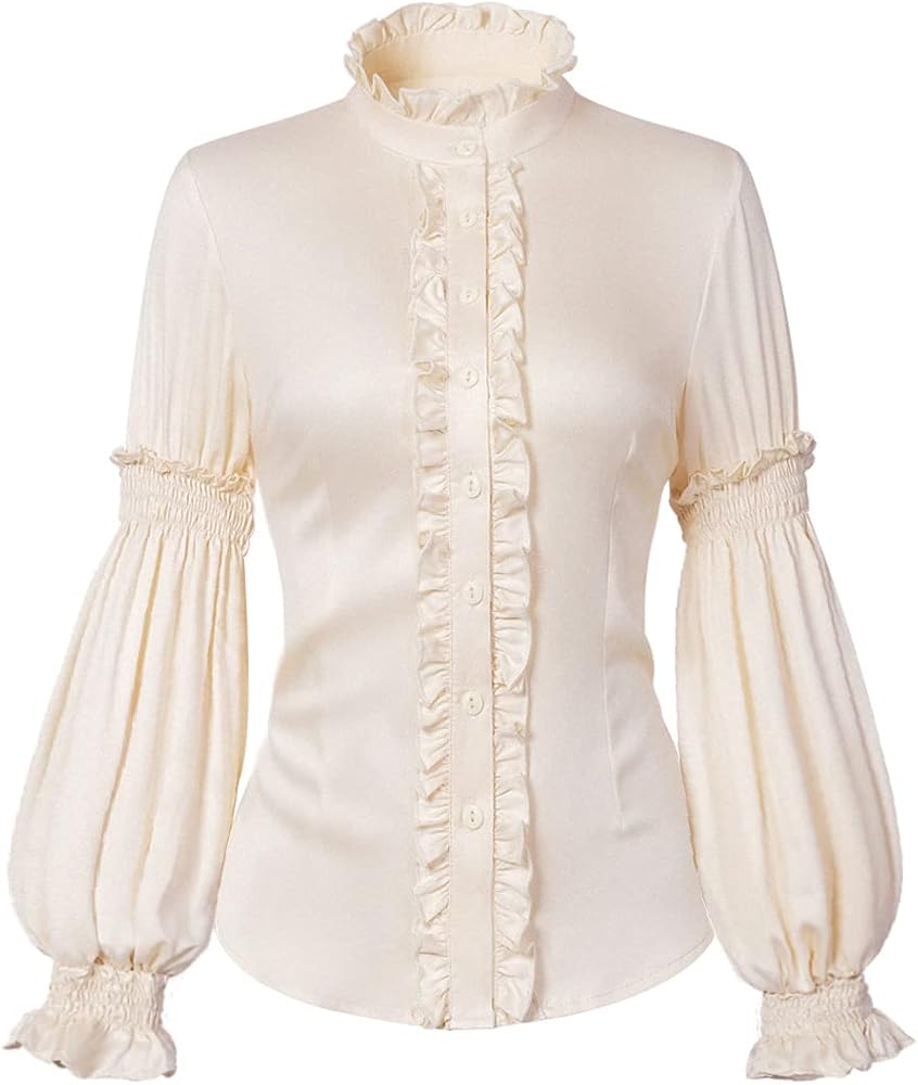 Womens Vintage Victorian Shirts Renaissance Medieval Long Sleeve Stand Collar Blouse Lotus Ruffled Tops