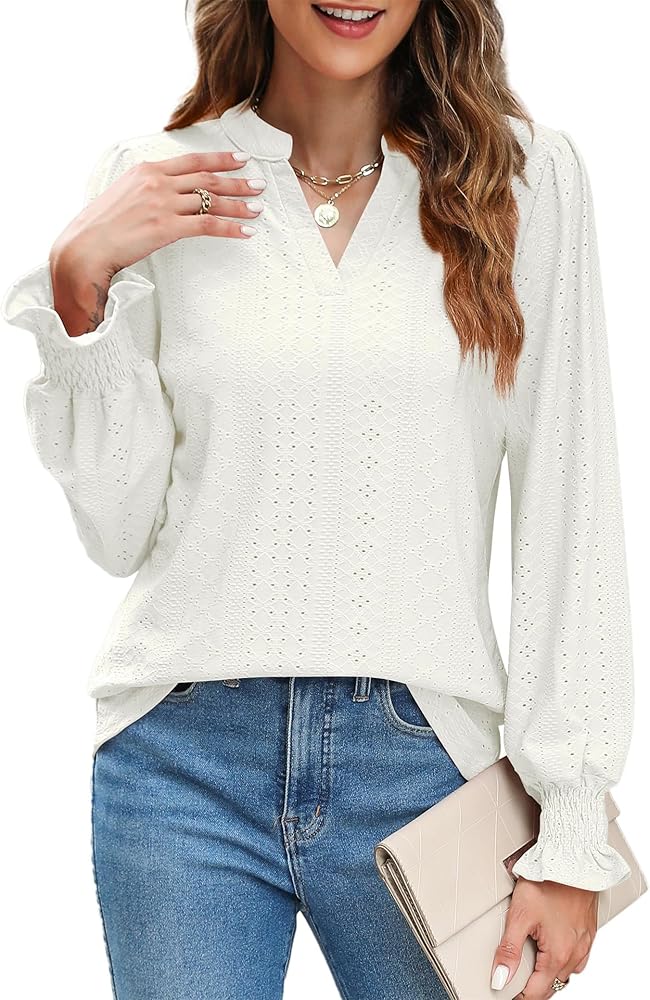 Amoretu Womens Long Sleeve Blouses Casual V Neck Tunic Tops Fashion Lace Shirts