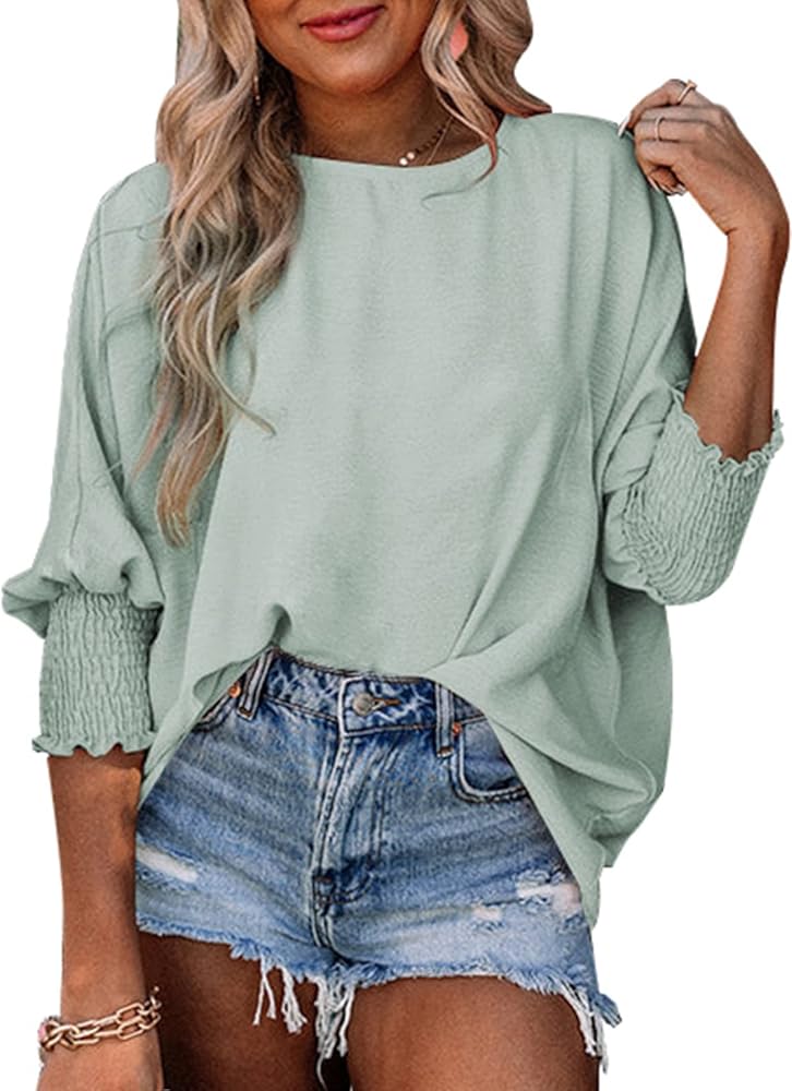 Dokotoo Womens Tunic Top Plus Size Tops Dressy Casual Scoop Neck Babydoll Cute Tops 3/4 Puff Sleeve Shirts 2024 Spring Summer Top Oversized T Shirt Ladies Tops and Blouses for Women Green Medium