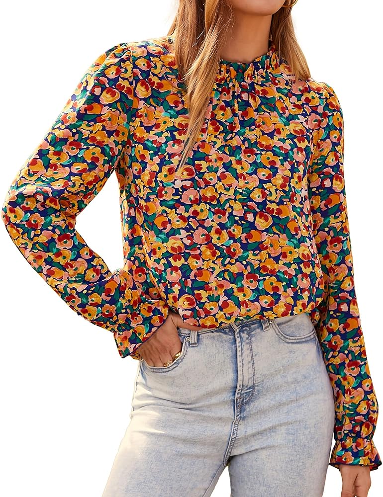 BTFBM Womens Long Sleeve Blouses Spring Summer 2024 Casual Boho Tops Frill Trim Mock Neck Floral Print Shirts Blouse Top