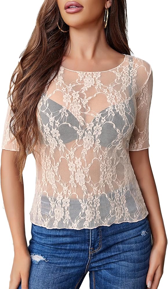 Avidlove Mesh Top for Women Short Sleeve Crew Neck Fitted Top Solid & Floral Lace Tee Shirts