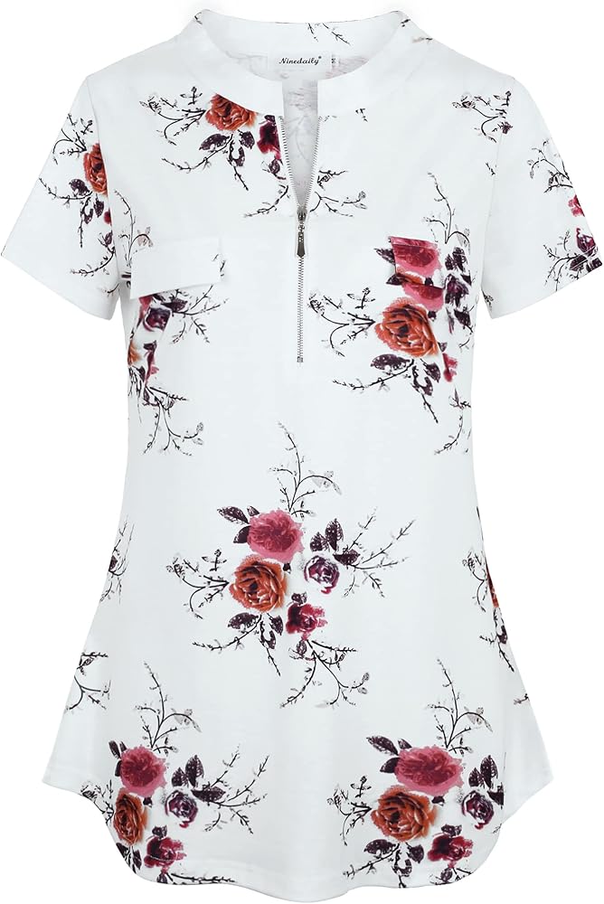 Ninedaily Women's Summer Tops Short Sleeve Casual Blouse Zip Floral Tunic Shirts