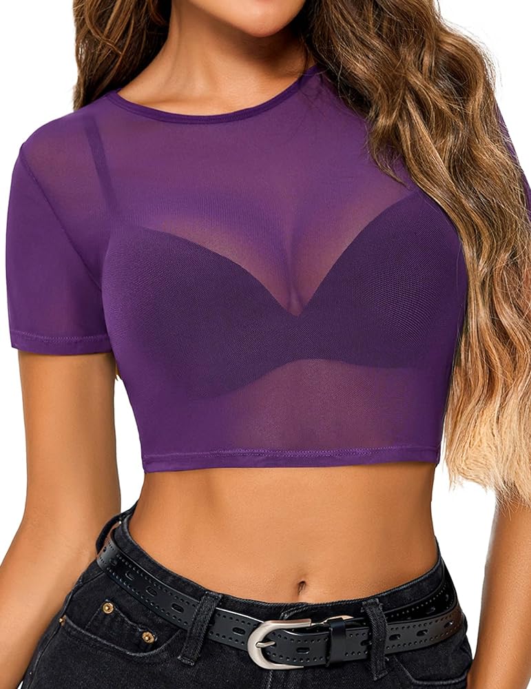 Avidlove Mesh Crop Top for Women Short Sleeve Bodycon Tees See Through Blouse O Neck Clubwear