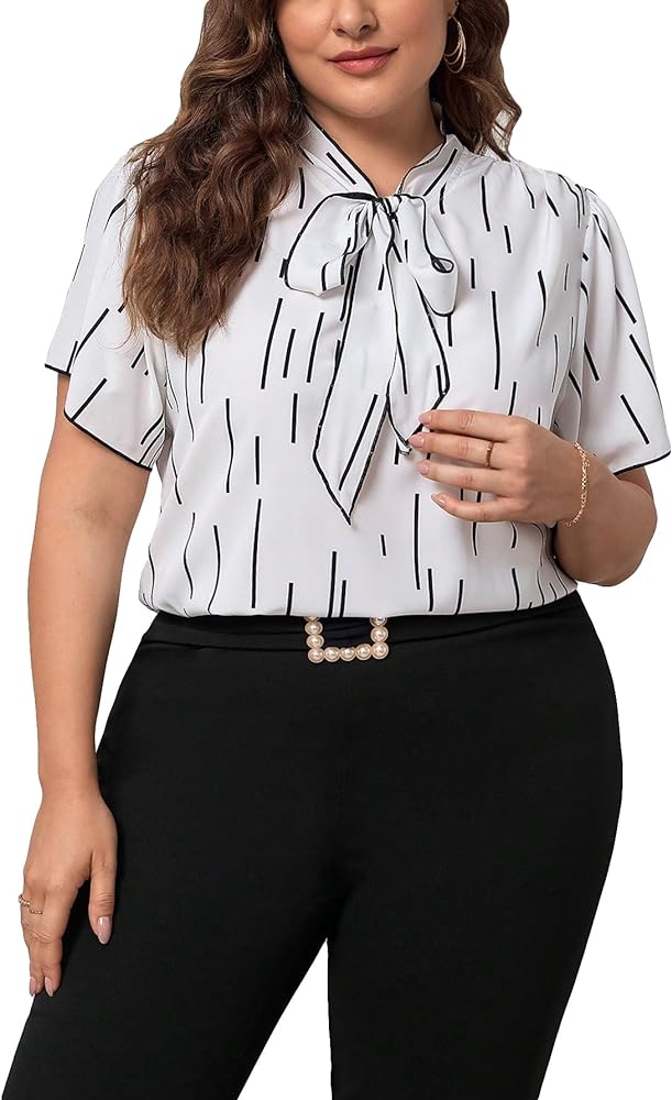 SOLY HUX Women's Plus Size Blouse Tie Neck Short Sleeve Geometric Print Tops