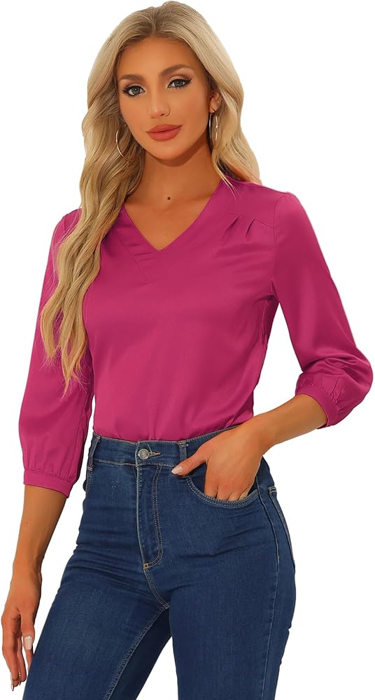 Allegra K Women's Casual Dressy Office Blouses 3/4 Sleeve V Neck Satin Shirt