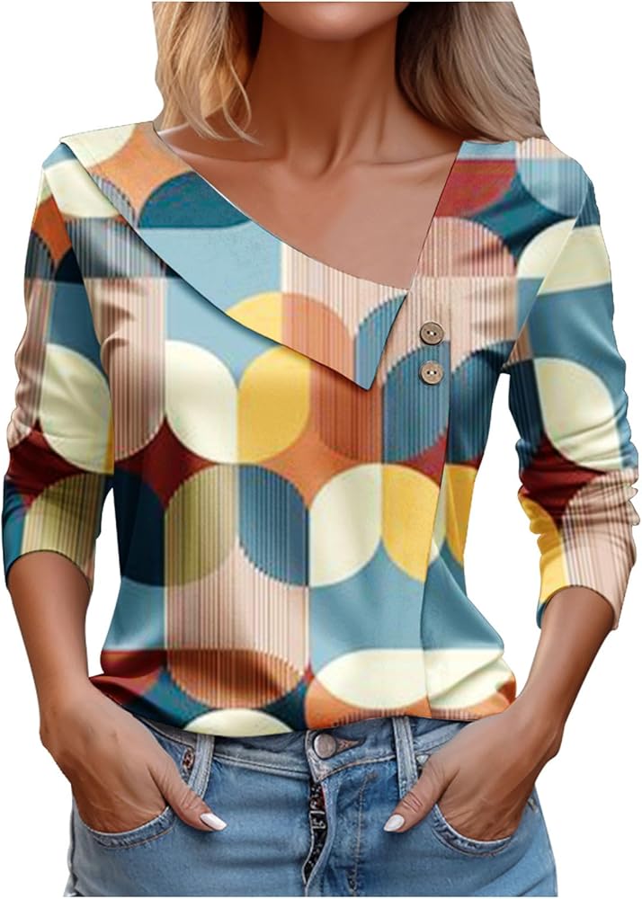 Gold Shirts for Women 3/4 Sleeve Womens Tshirts Cotton Loose Fit Fashion Print V Neck Lapel Woman Shirts Trendy