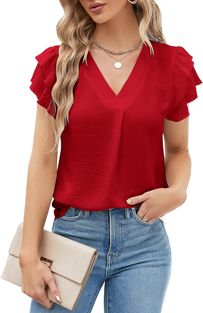 Blooming Jelly Womens Dressy Casual Shirts Short Sleeve V Neck Work Blouse Business Casual Tops