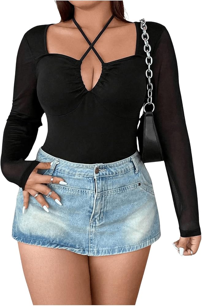 SOLY HUX Women's Plus Size Sexy Halter Criss Cross Shirt Blouse Mesh Long Sleeve Cut Out Tops