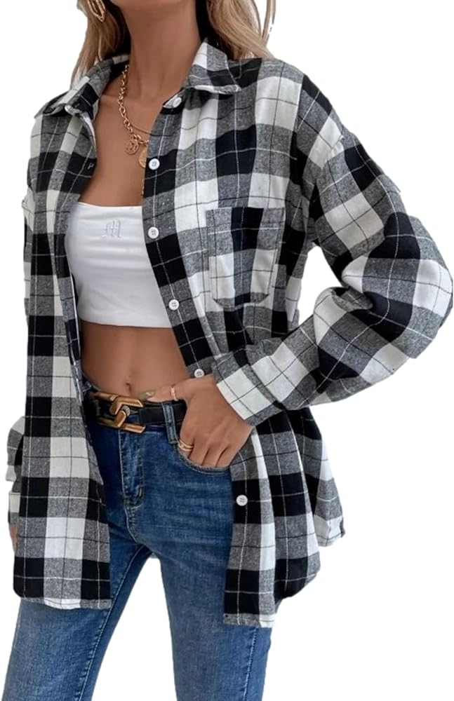 Womens Fashion Flannel Buffalo Plaid Shirt Button Down Long Sleeve Casual Loose Collared Shirts Blouse Top