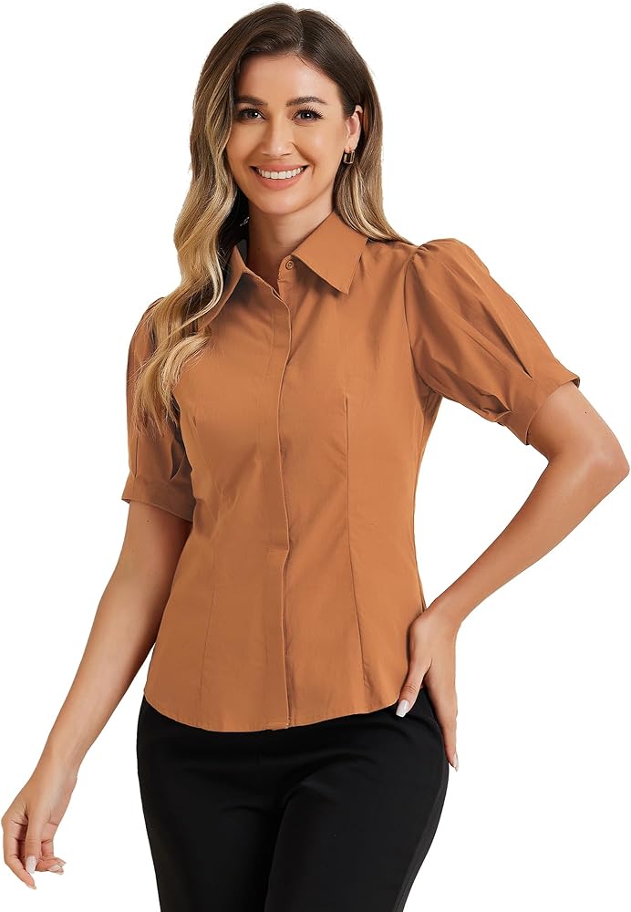 Allegra K Women's Work Office Button Down Shirt Puff Sleeve Collared Short Sleeve Fashion Top