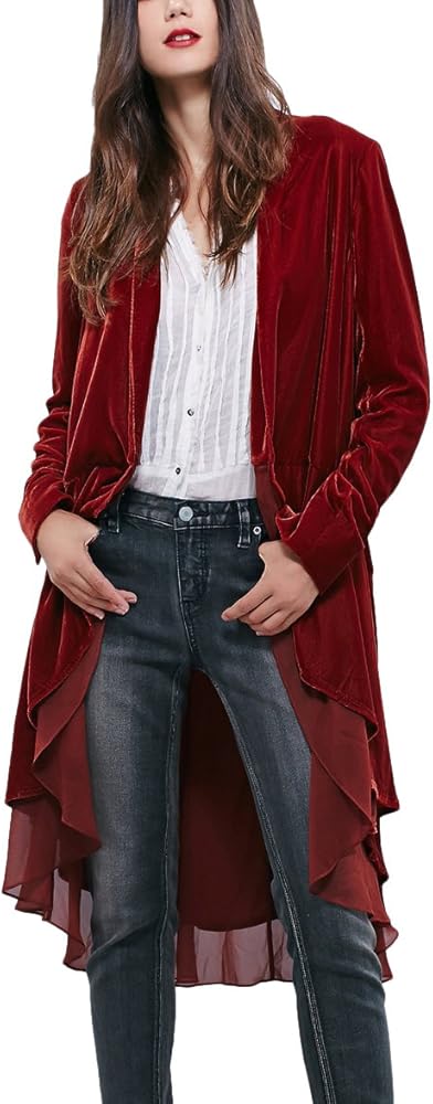 Urban CoCo Women's Long Sleeve Velvet Cardigan Coat with Asymmetric Chiffon Hem