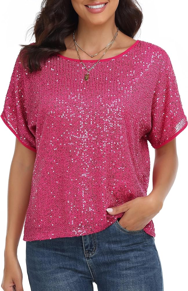 PrettyGuide Women's Sparkly Sequin Tops Short Sleeve Glitter Loose Party Shirt Blouse Boat Neck Dressy Top