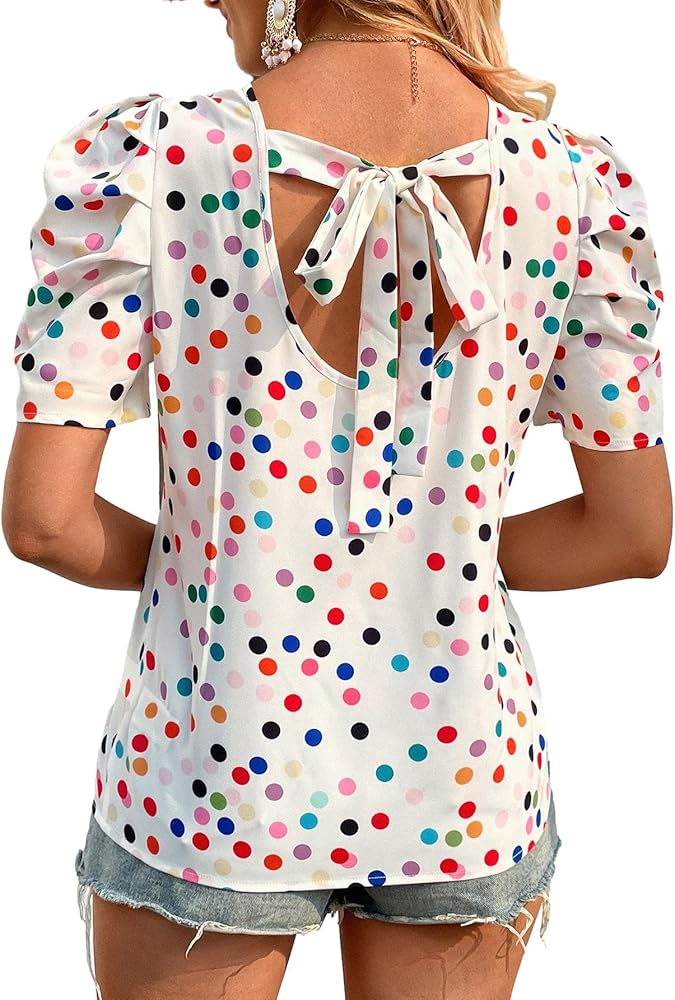 Floerns Women's Polka Dots Print Tie Back Short Puff Sleeve Blouse Shirts Top