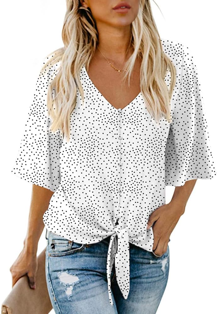 AWULIFFAN Women's Casual V Neck Batwing Sleeve Tops Tie Front Chiffon Blouses Button Down Shirts