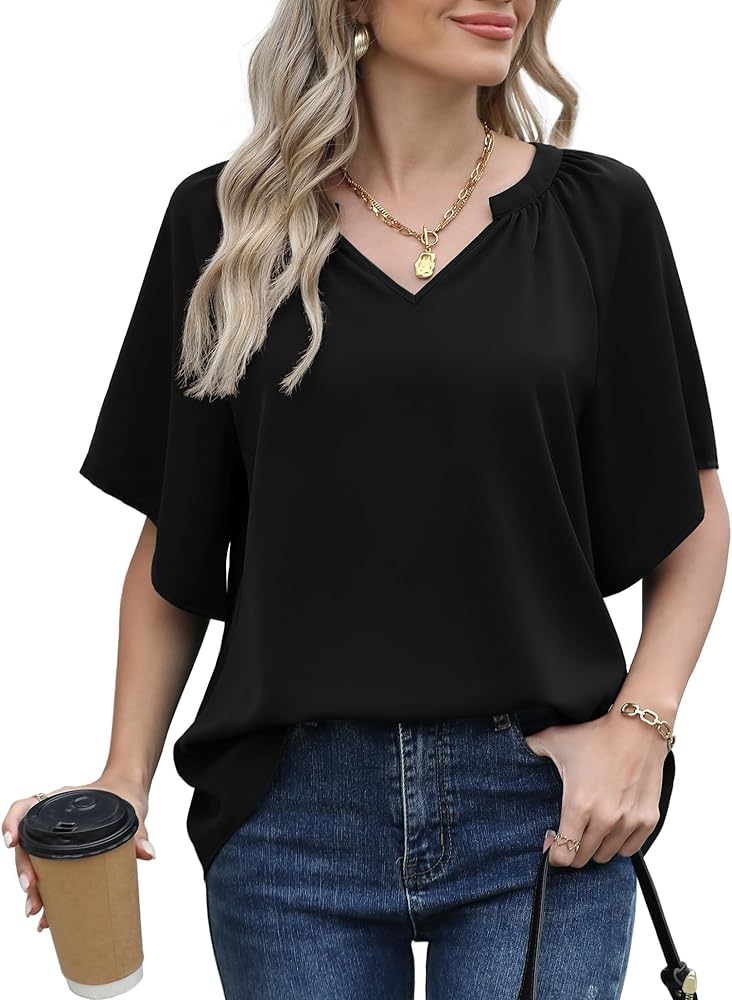 Jouica Womens Chiffon Blouses Casual Flowy Bell Sleeve Shirt Loose V Neck Pleated Tunic Tops