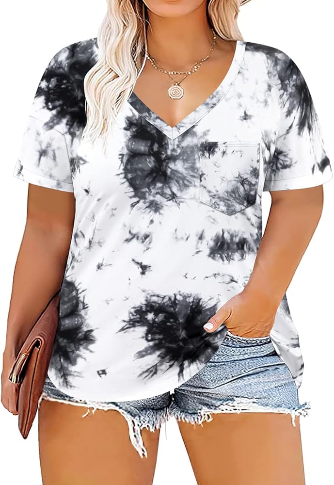 RITERA Plus Size Tops for Women Tie Dye Summer T Shirts V Neck Short Sleeve Casual Tee Tops with Front Pocket XL-5XL