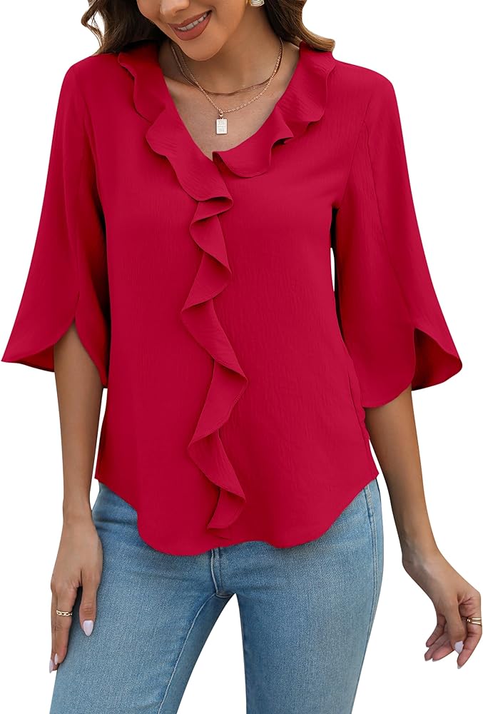 Blooming Jelly Womens Dressy Casual Blouses 3/4 Sleeve V Neck Ruffle Tops Business Ladies Summer 2024 Trendy Work Shirt