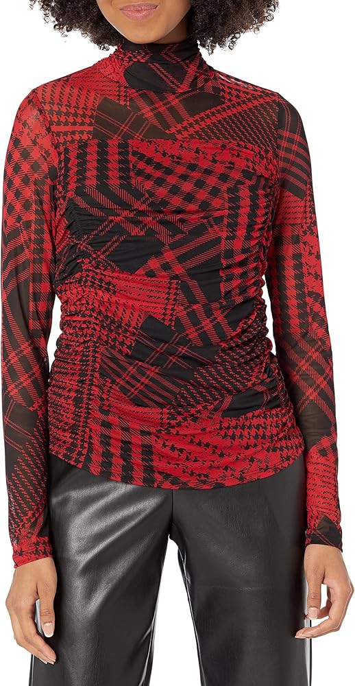 DKNY Women's Plaid Mesh Printed Top