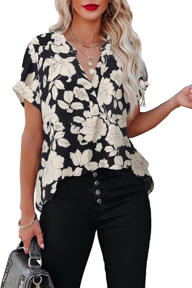 ANCAPELION Women’s Summer Chiffon Blouse Casual Short Sleeve V Neck Shirt Loose Printed Cuffed Sleeve Tunic Tops for Women