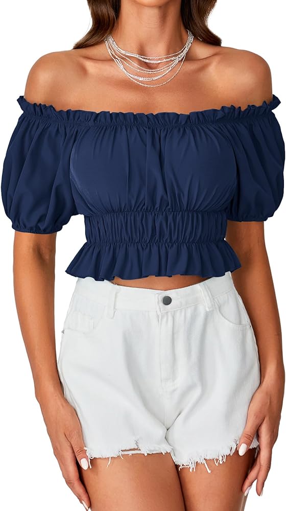 LYANER Women's Off Shoulder Short Sleeve Pleated Ruffle Trim Crop Top Blouse Shirt